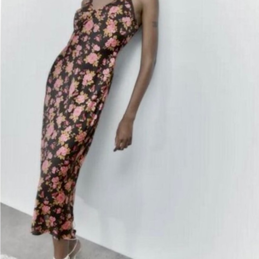 Zara pink roses Slip Dress satin lingerie black lace maxi sexy double straps XS